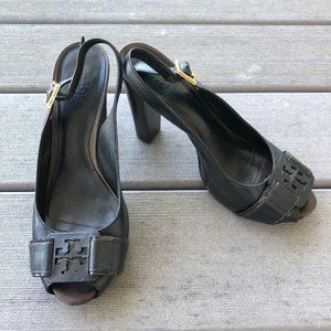 Tory Burch Black Peep-Toe Slingback Heels with Gold Buckle
